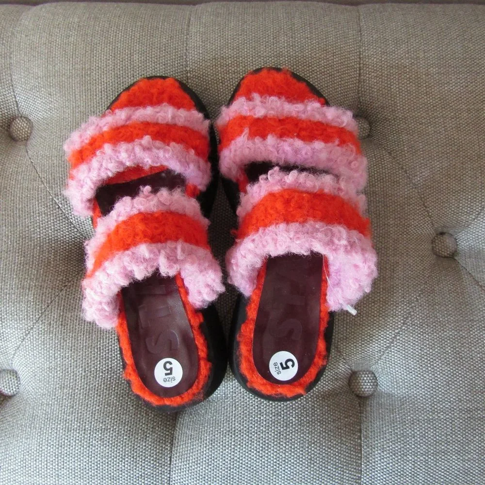 NWOT STAUD Pink and Orange Fuzzy Platform Slide Sandals